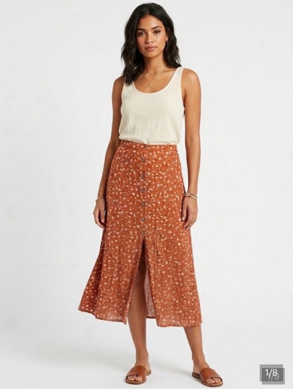 Wild Fable size XXS Rust Floral Button-Front Midi Skirt with Center Slit